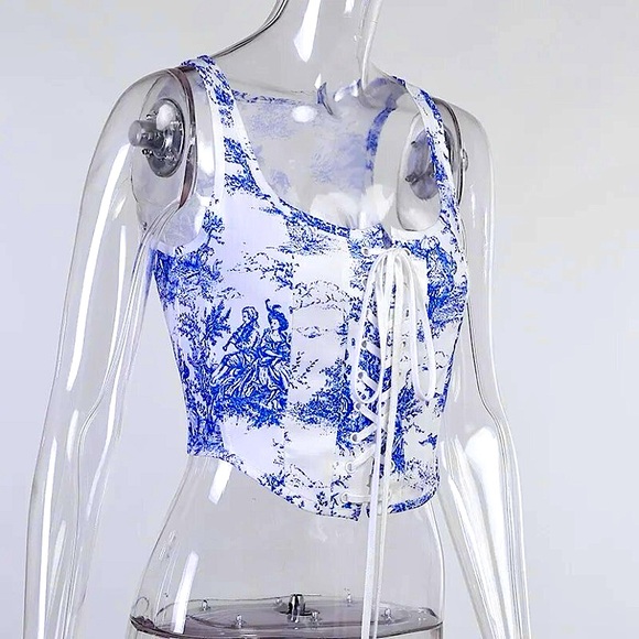 White & blue lace up square neck corset top - Picture 9 of 16